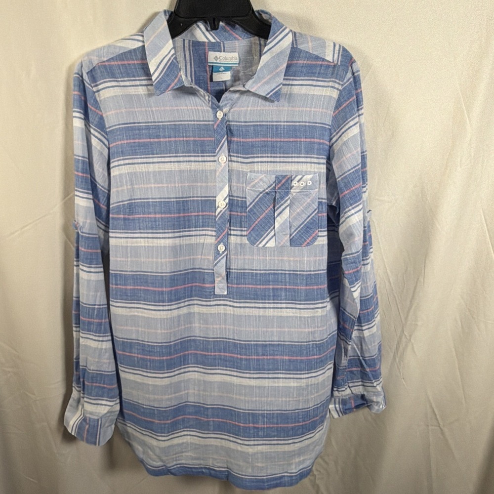 Columbia Womens Plaid Pullover‎ Shirt Size Large Lightweight Long Sleeve